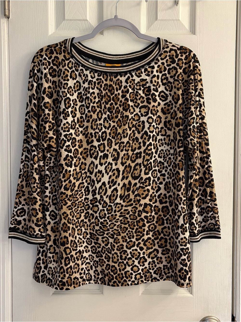 Ruby Road Leopard Animal Print 3/4 Sleeve Knit Top Casual Stretch Blouse Size PM